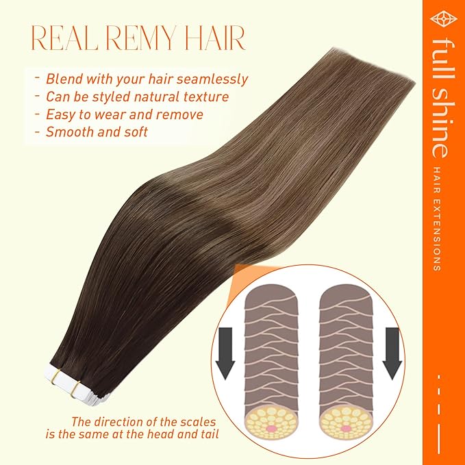 Full Shine Tape in Hair Extensions Human Hair 20 Inch Dark Brown to Brown and Ash Blonde Balayage Tape in Human Hair Extensions Invisible Tape in Hair Extensions for Wedding 50 Gram 20Pcs
