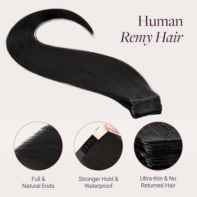 GOO GOO Genius Tape in Hair Extensions, Hand Tied Tape Weft, 1B Natural black, 16inch 50g 20pcs, Remy Human Hair, Seamless Invisible Tape, Natural Blend, Lightweight