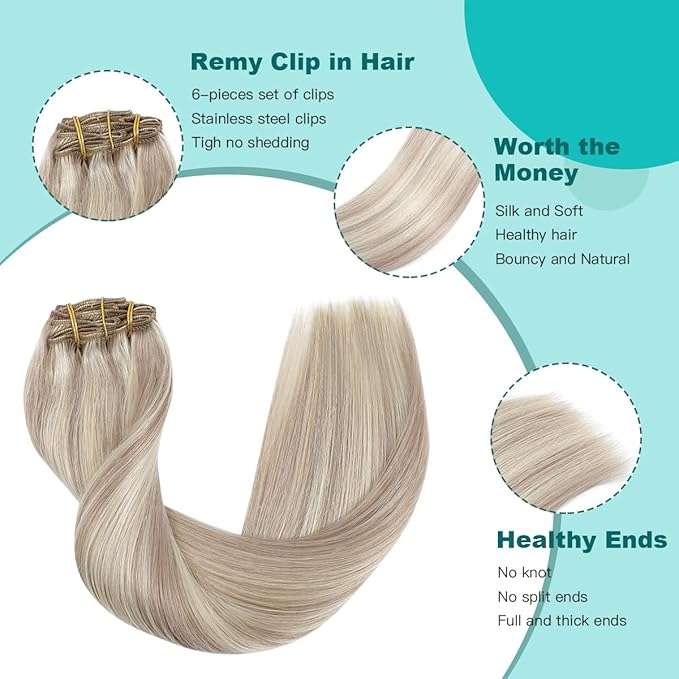 SURNEL 22inch Clip in Extensions Human Hair Ash Blonde Highlights Bleach Blonde Clip in Hair Extensions for Women 120g 6pcs(#18/613,22")