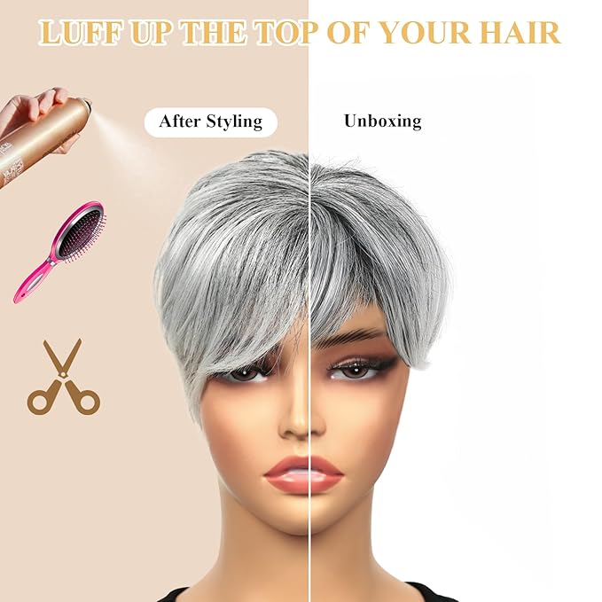 QUEENTAS Short Hair Topper for Women with Thinning Hair Daily Wear 360°3D Cover Up 6.5"*6" Fluffy Hair Pieces with Bangs(Black Mixed Grey)