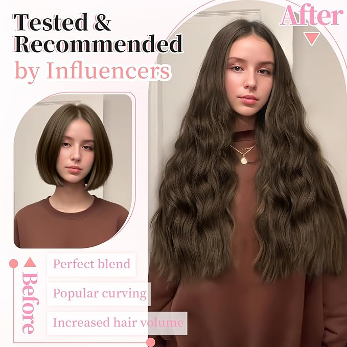 KooKaStyle Clip in Synthetic Hair Extensions Long Wavy 4PCS Thick Hairpieces Chestnut Brown Fiber Double Weft Natural Hair Extensions 20 Inch for Women