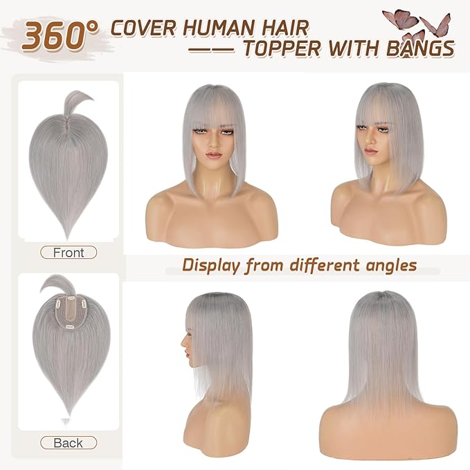 Rich Choices Real Human Hair Toppers for Women With Bang 100% Remy Human Hair Topper for Thinning Hair Clip in Silk Base Hair Topper 6 Inch G1 Grey Silver