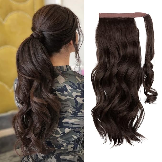 CJL HAIR 22" Long Ponytail Hair Extension Wrap Around Pony Tail Clip in Curly Wavy Synthetic Fake Hairpiece for Women Dark Brown