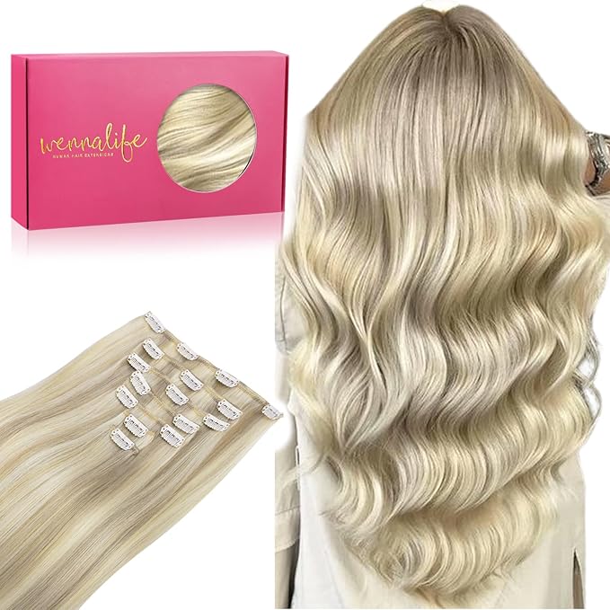 WENNALIFE Clip in Hair Extensions Real Human Hair, 22 Inch 160g 7pcs Ash Blonde Highlighted Platinum Blonde Remy Hair Straight Natural Extensiones De Cabello Humano Con Clip Ins