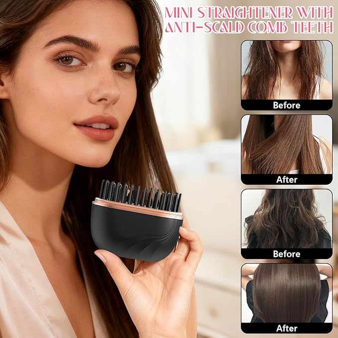 Mini Hair Straightener, Rechargeable Wireless Portable Hair Straightener Brush, 3-Speed Temperature Control, Anti Scald Shell, Lightweight & Portable for Travel (Black)