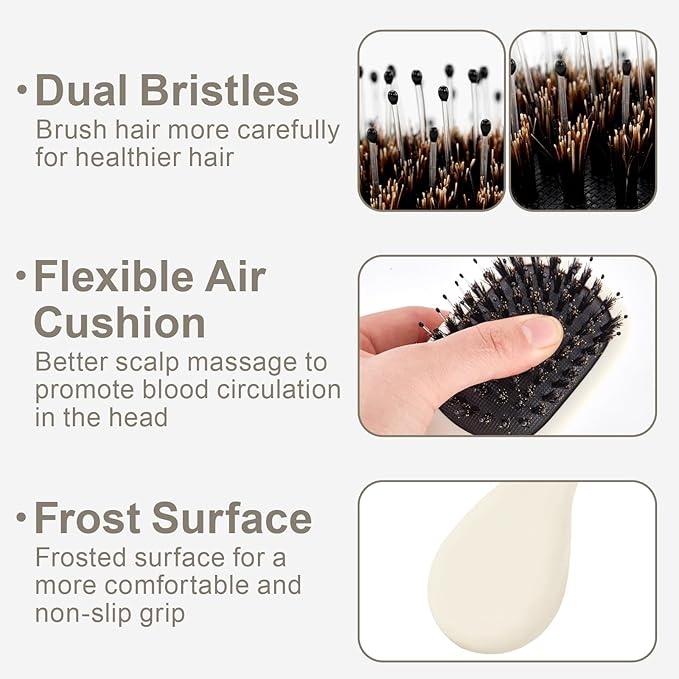 Mini Boar Bristles Hair Bursh, Travel Size Hair Brush for Women Men Kids, Protable Small Hair Brushes for Pockets Purses, Mini Hair Brush for Smooth Add Shine (White)