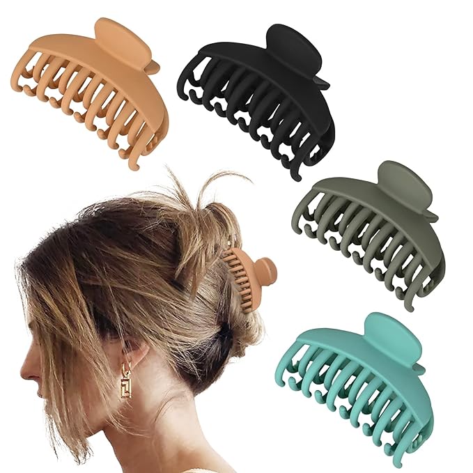 DEEKA 4 PCS Double Row Teeth Hair Claw Clips 2.5" Medium Hair Clips for Thin Hair Small Matte Clips Short Fine Hair Accessories for Women and Girls -Green Yellow