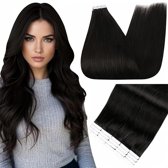 Full Shine Tape in Hair Extensions Human Hair Color 1B Natural Black Invisible Straight Double Sided Remy Hair Extensions Tape in 14 Inch Seamless Skin Weft Extensions 20PCS 50g for Women