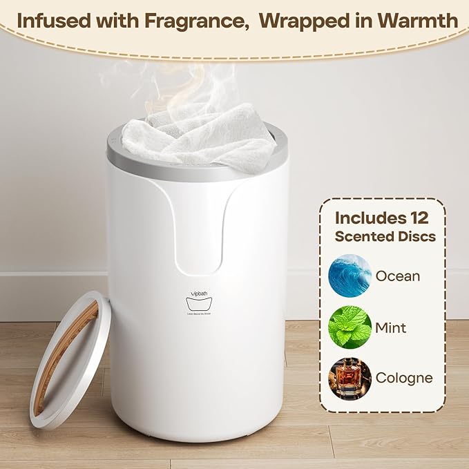 20L Luxury Towel Warmer Gift-Ready Box, Dual Heat, 30/60/90 Min Presets, Stainless Steel Interior, Tip-Over Auto Shut-Off, Includes 12 Fragrance Discs, Perfect Spa Gift for Home & Bathroom