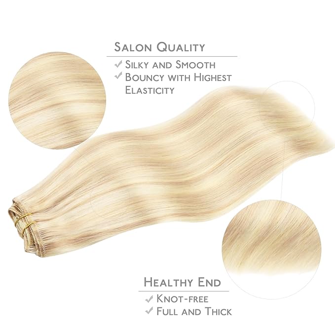 WENNALIFE Clip in Hair Extensions, 150g 14 Inch 9pcs Balayage Light Wheat Platinum Blonde Remy Hair Thicker Double Weft Extensiones De Cabello Humano Con Clip Ins Straight Full Volume