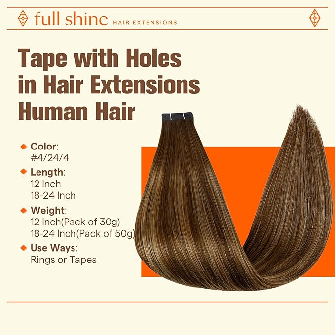 Full Shine Tape with Holes in Human Hair Extensions Color 4/24/4 Medium Brown to Blonde and Medium Brown 18INCH Human Hair Tape in Extensions Balayage Tape Extensions 50G 20PCS Seamless
