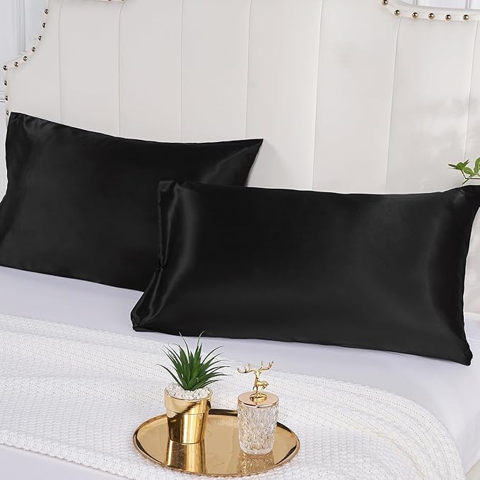 Satin Silk Pillowcase for Hair and Skin, Black Pillow Cases Standard Size Set of 4 Pack Super Soft Pillow Case with Zipper Closure (Black, Queen(4 Pack))