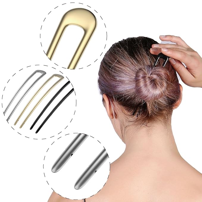 French Hair Pins Metal Hair Forks U Shaped Long Chignon 2 Prong Sticks for Women Hair Accessories (Black, Gold, Silver) 3Pcs