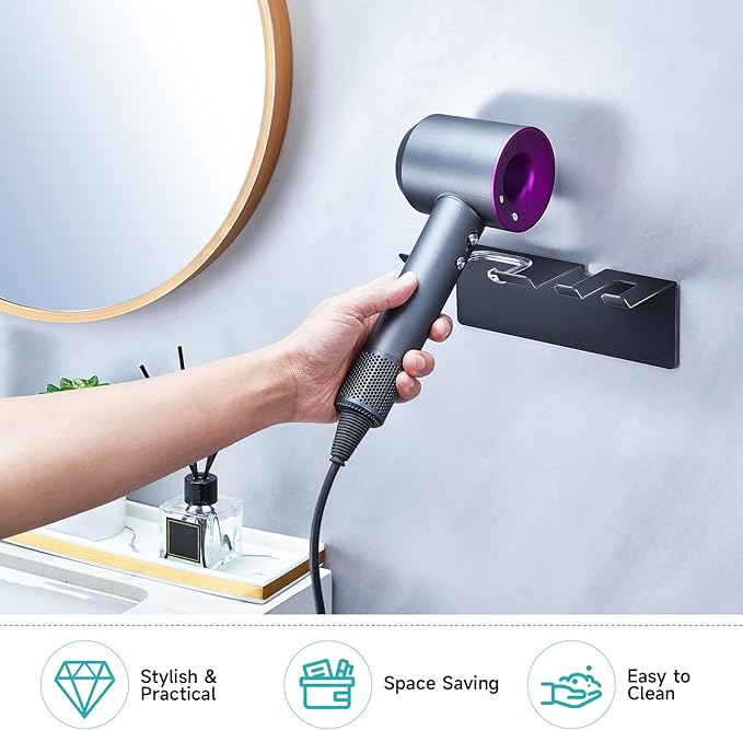 Blow Dryer Holder Matte Black, Hair Dryer Wall Mount, Hair Dryer Holder Stainless Steel, Blowdryer Holder for Wall, Hairdryer Holder for Bathroom Dressing Table