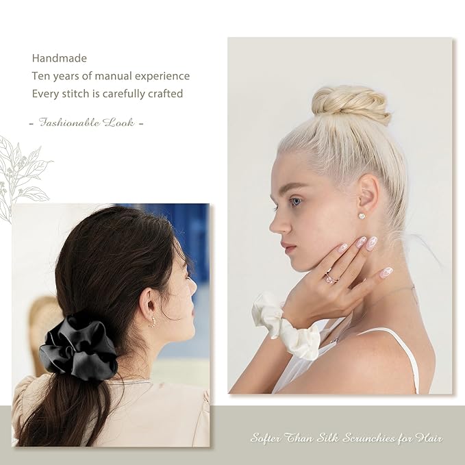 4PCS Large Satin Silk Scrunchies for Women - Big Glossy Scrunchie for Thick Hair Girl Hair Ties Ponytail Holders Jumbo Scrunchies (Black White Silver Champagne)