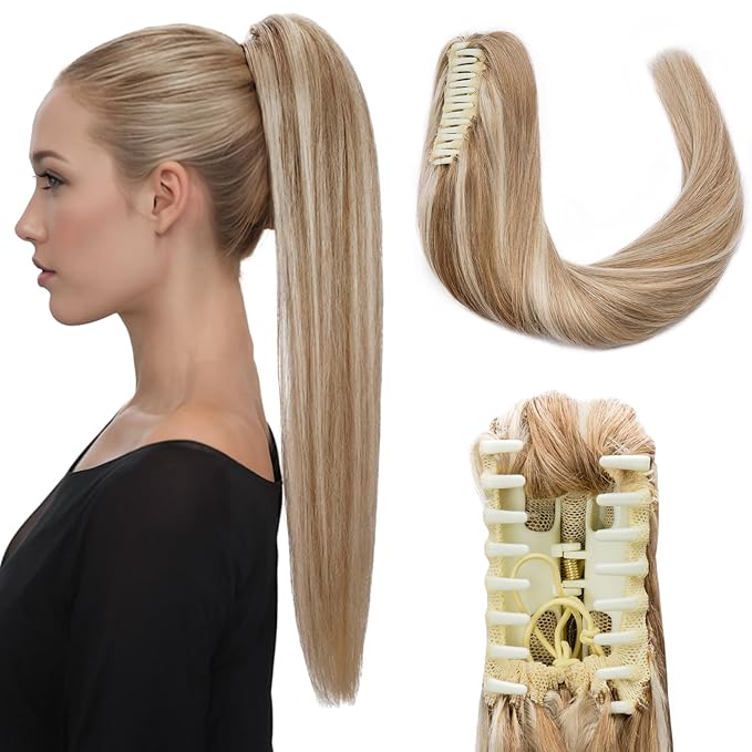 Hairro Claw Clip Ponytail Human Hair Extensions Jaw On Ponytails Remy Long Straight Jaw/Claw Clips Pony Tail Hairpieces For Women 18 Inch 115g #12P613 Golden Brown Mix Bleach Blonde