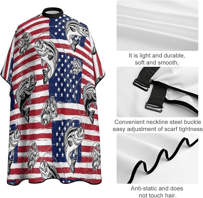 Large Long Professional Barber Cape, Hairdressing Apron Bass Fish Fishing Lure American Flag Shampoo Cutting Household Capes Wrap for Hair Salon