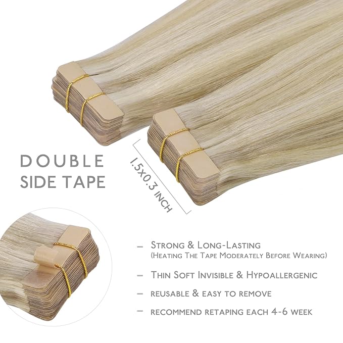 WENNALIFE Tape in Hair Extensions Human Hair, 20pcs 18 inch 50g Ash Blonde to Golden Blonde and Platinum Blonde Remy Tape Hair Extensions Real Human Hair Tape Extensions Coloured Hair Extensions