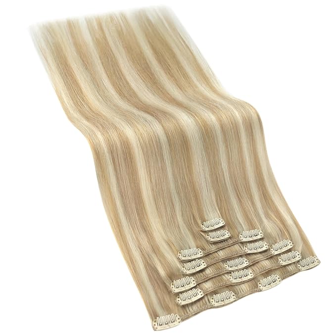 Ve Sunny Blonde Clip in Hair Extensions Real Human Hair Highlighted Clip in Human Hair Extensions Highlight Caramel Blonde with Platinum Blonde Human Hair Extensions Clip ins 120g 16 Inch 7pcs