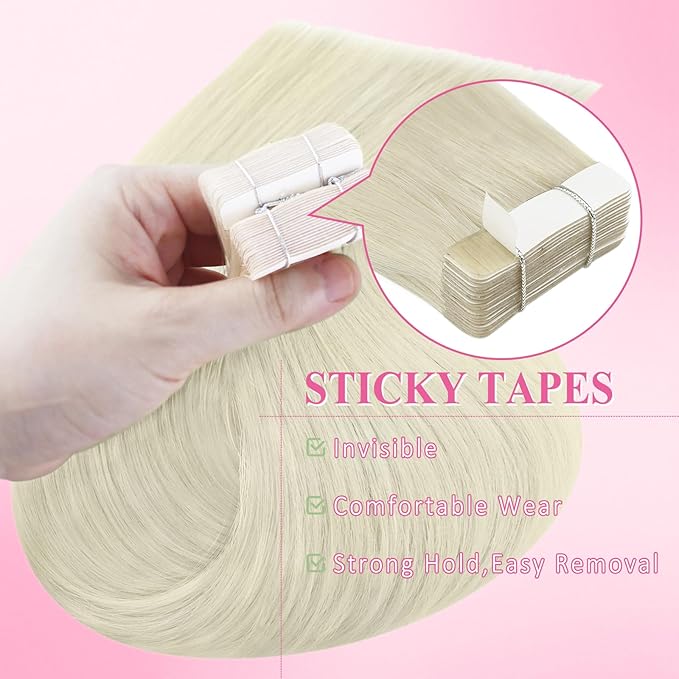 YoungSee Tape in Extensions Human Hair Platinum Blonde Tape in Hair Extensions Human Hair Tape in Extensions Real Human Hair Platinum Blonde 12Inch 30g Glue in Hair Extension for Women 20pcs
