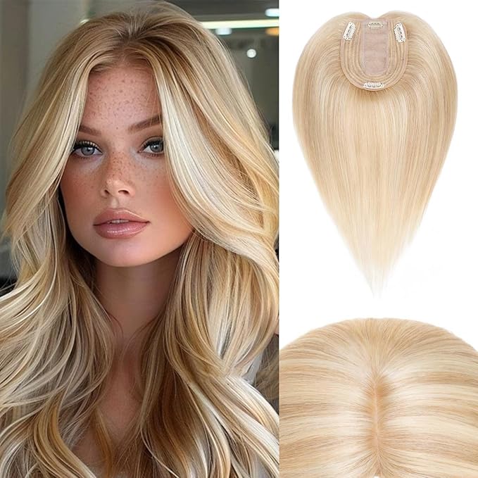 Rich Choices Hair Toppers for Women Real Human Hair 100% Human Remy Toppers NO Bangs with Thinning on Top Clip in Hairpiece 4"x4.7"Lace Base 12 Inch #18P613 Ash Blonde Highlights Bleach Blonde