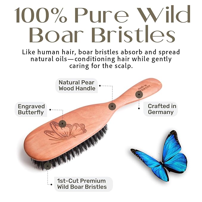 100% Pure Calcutta Boar Bristle Hairbrush for Natural Healthy Hair, Stiff Bristle, Made in Germany's Black Forest