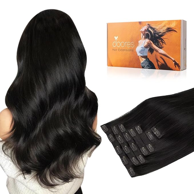 DOORES Clip in Hair Extensions Human Hair, Natural Black 150g 7pcs 20 Inch, Human Hair Extensions Invisible Edge Natural Weft