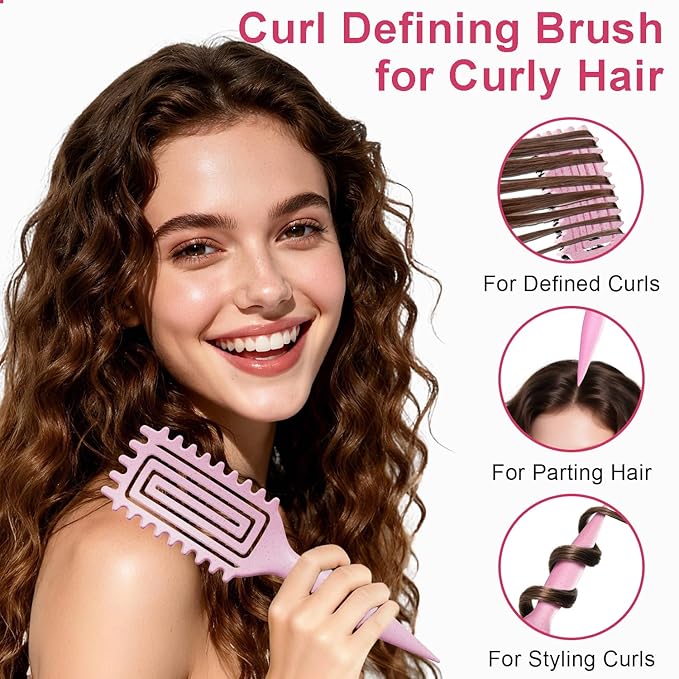 2-Pack Curly Hair Brush, Curl Defining Brush with Soft Boar Bristles Detangling Tangled Glides, Wide-Teeth Design Effortlessly Shaping & Defining Curls, Curling Definer for Wet & Dry Hair(Pink Purple)
