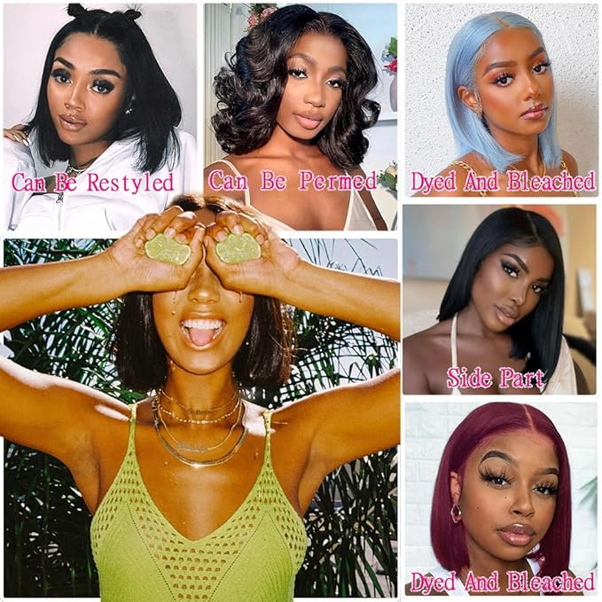 4x6 Glueless Wigs - Human Hair 8 Inch Bob, Pre Plucked, Pre Cut, 180% Density, HD Transparent Frontal Lace Front Wigs for Women