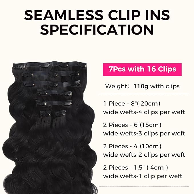 Lashey Seamless Clip in Hair Extensions Human Hair #1 Jet Black Body Wave 7pcs 110g 22 Inch Invisible PU Weft Human Hair Clip in Extensions for Women