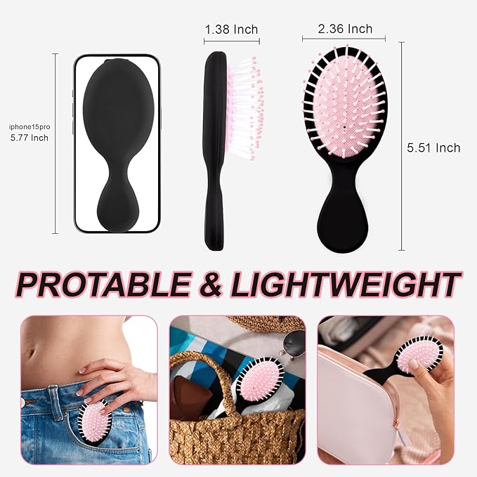 Mini Hair Bursh for Women Men and Kids, Protable Travel Size Hair Brush for Pockets Purse backpack, Mini Detangler Brush for All Hair Types, Small Hair Brush for Detangling(Black&Pink)