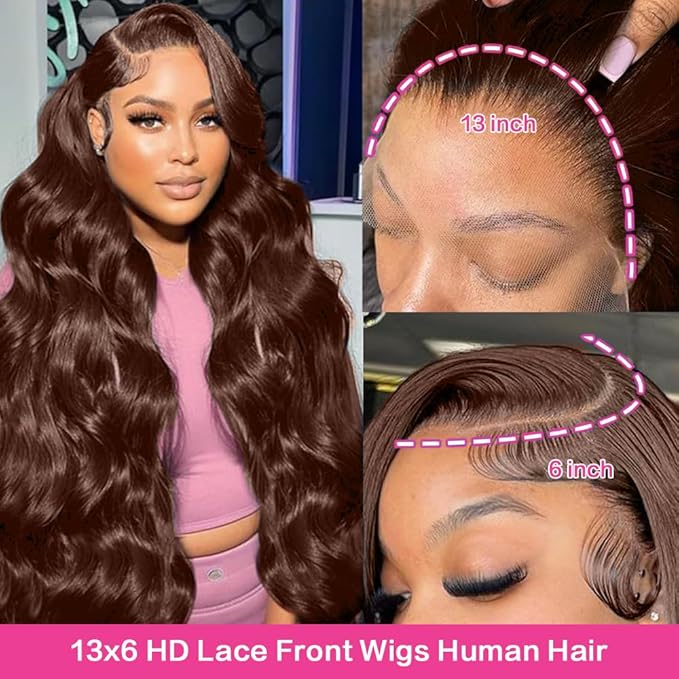 abbildung 34inch Chocolate Brown Lace Front Wig Human Hair 13x6 HD Transparent Body Wave Lace Front Wigs Human Hair Pre Plucked Glueless Frontal Brown Wig Human Hair 180% Density #