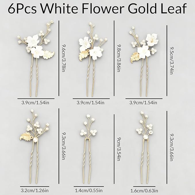 Pearl Bridal Wedding Hair Pins 6Pcs White Flower Gold Leaf Pearls Clips Bridal Hair Accessories for Women Brides Bridesmaid