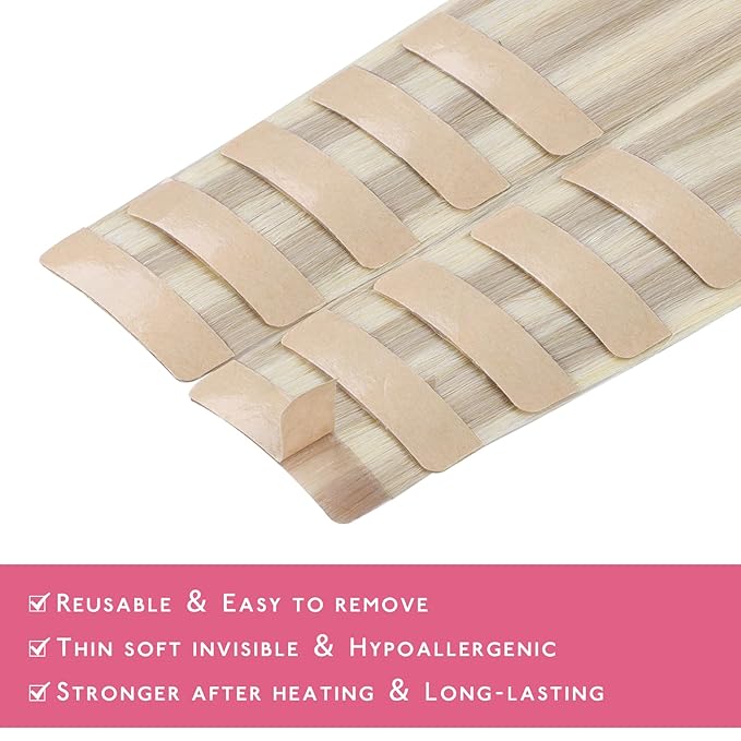 WENNALIFE Tape in Hair Extensions Human Hair Ash Blonde Highlighted Platinum Blonde Tape in Extensions, 10pcs 25g 14 inch Remy Invisible Tape Ins Straight Soft Real Human Hair Tape in Extensions