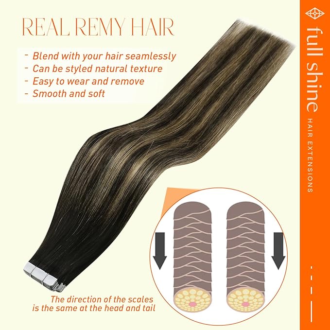 Full Shine Tape in Hair Extensions 16 Inch Color 1B Off Black Fading to 27 Honey Blonde and 1B Tape in Human Hair Extensions Balayage Tape ins Extensions 50G Remy Hair Extension 20Pcs