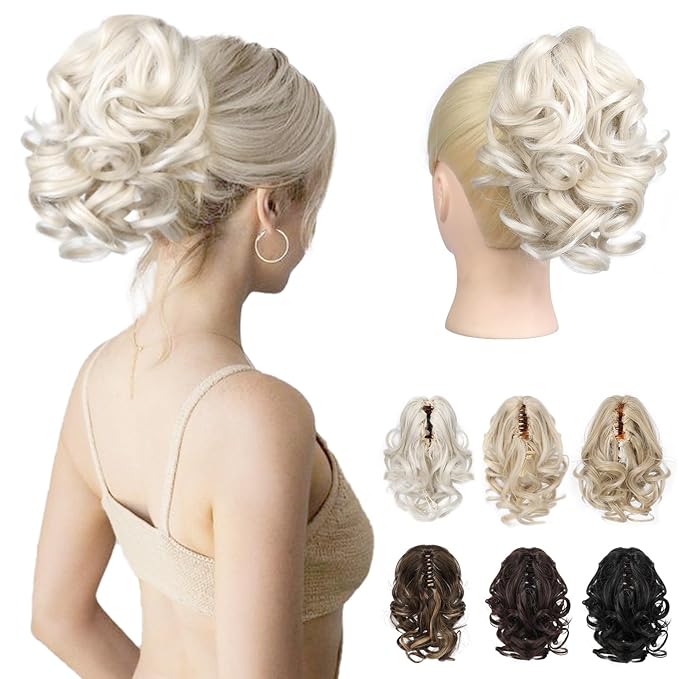 REECHO 9" Short Ponytail Extension, Classic Loose Curly Wavy Claw Clip Pony tails Hair Extensions HP001 Hairpieces for Women - Platinum Blonde