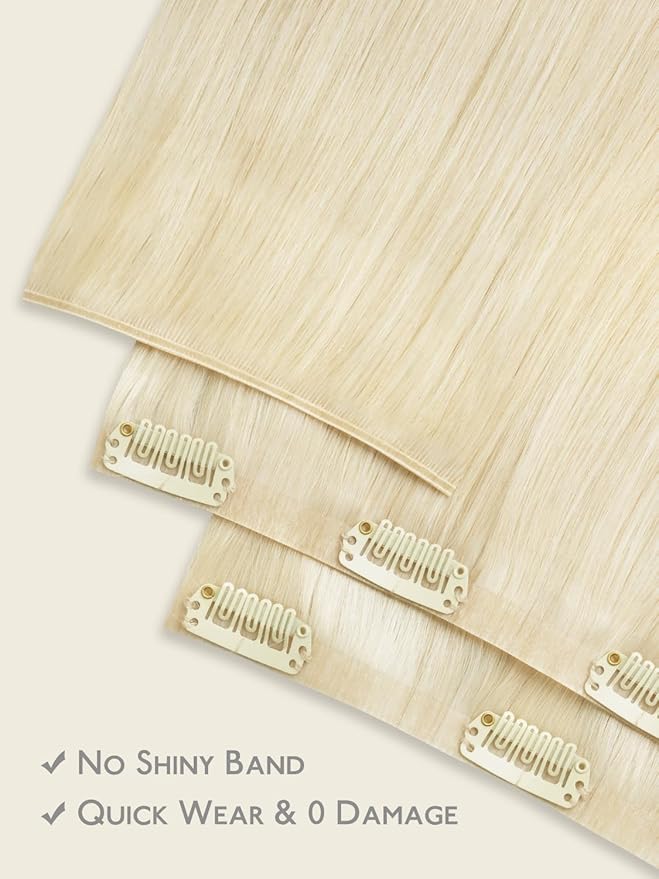 WENNALIFE Genius Seamless Clip in Hair Extensions Real Human 16 inch 120g 7Pcs Platinum Blonde Hair Extensions Clip Ins Luxury Remy De Cabello Humano Straight Invisible Fuller Reusable