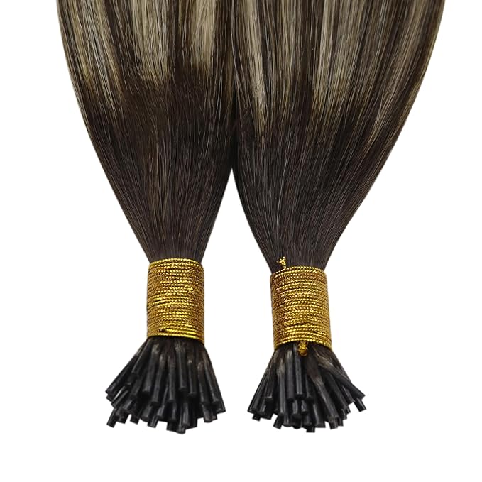 YoungSee I Tips Hair Extensions Balayage Human Hair I Tip Extensions Dark Brown with Ash Blonde Ombre Itip Hair Extensions 24 Inch I-Tip Extension Real Human Hair for Long Hair 50s 50g