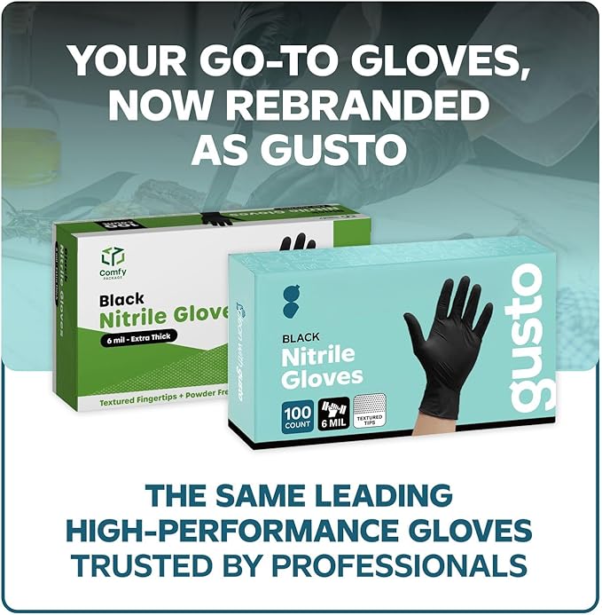 Comfy Package Black Nitrile HEAVY DUTY 6 Mil. Chemical Resistance, Latex & Powder Free, Textured Fingertips Disposable Gloves