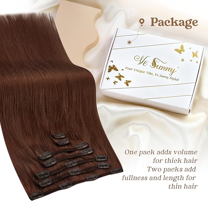 Ve Sunny Real Hair Extensions Clip in Human Hair Dark Auburn Red Hair Extensions Full Head Human Hair Extensions Clip ins Natural Straight 16 inch 120g 7pcs