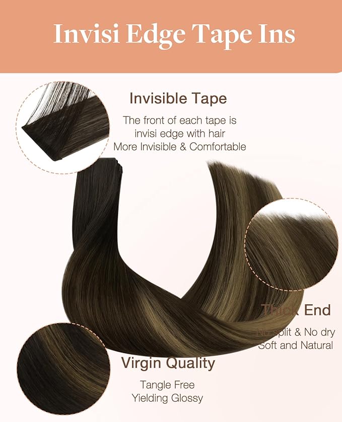 GOO GOO Invisi Edge Tape in Hair Extensions Human Hair, 2/6/2 Balayage Dark Brown to Chestnut Brown 10pcs injected with 10pcs classical tape ins, 24inch 50g, Virgin Remy Hair, Natural Look