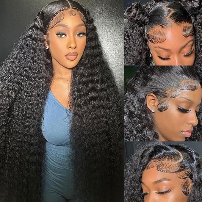 Aomllute 32 Inch Lace Front Wig Human Hair Pre Plucked 200 Density 13x4 HD Deep Wave Lace Frontal Wigs Human Hair with Baby Hair deep Curly human hair Wigs for Women Natural Black
