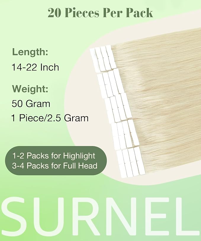 SURNEL Tape in Hair Extensions Human Hair Color #60 Platinum Blonde Remy Tape in Hair Extensions 20 inch 20pcs 50g(#60-20)