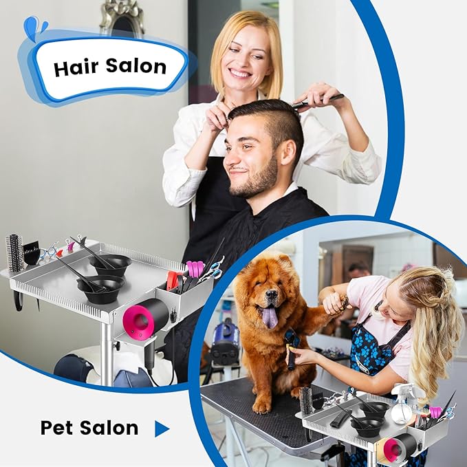Salon Rolling Tray on Wheels, Hairstylist Tray with Storage Platform and Hair Separator Stand for Salon Station, Salon Tray Cart, Metal Service Instrument Storage Tray Accessory for Salon&Spa Use