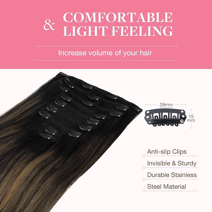 GOO GOO Clip in Hair Extensions Real Human Hair, Remy Human Hair Extensions Clip ins for Women, Natural Human Hair, 24inch 150g 9Pcs, #1B/6/1B Balayage Natural Black to Chestnut Brown