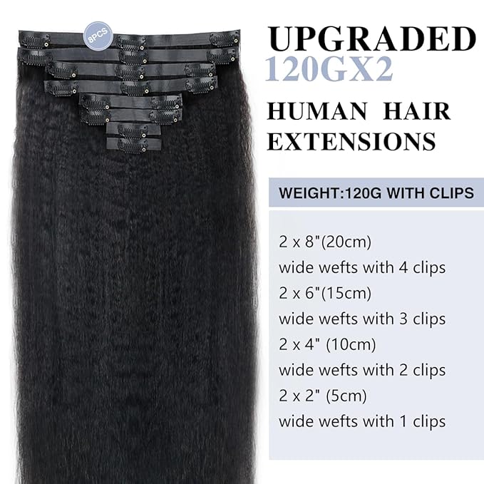 Kinky Straight Clip in Hair Extensions Real Human Hair 2 Pack 240g Seamless Clip in Hair Extensions for Women Full Max with 16Pcs PU Skin Weft 22inch Natural Black