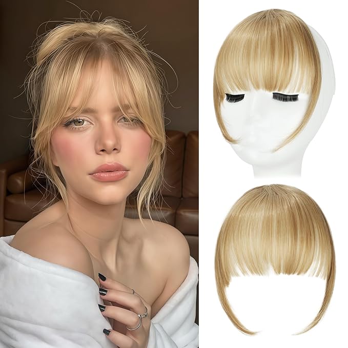 Clip in Bangs, Synthetic Wispy Bangs Hair Clip, Blonde Mix Light Blonde Fake Bangs Fringe with Temples Hairpieces for Women Natural Curved Hair Extensions for Daily Wear