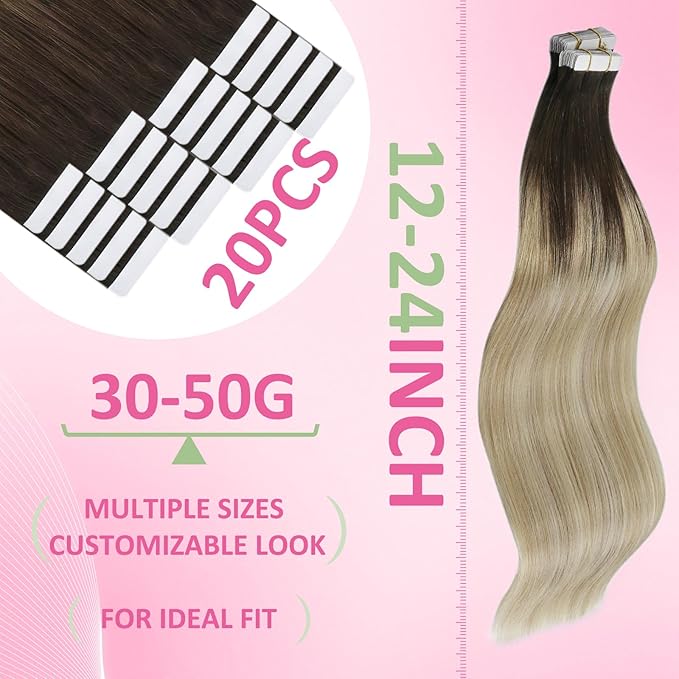 YoungSee Tape in Hair Extensions Human Hair Ombre Invisible Tape in Hair Extensions Balayage Dark Brown to Blonde Hair Extension Tape-in Human Hair 12Inch 20pcs for Short Straight Hair 30g