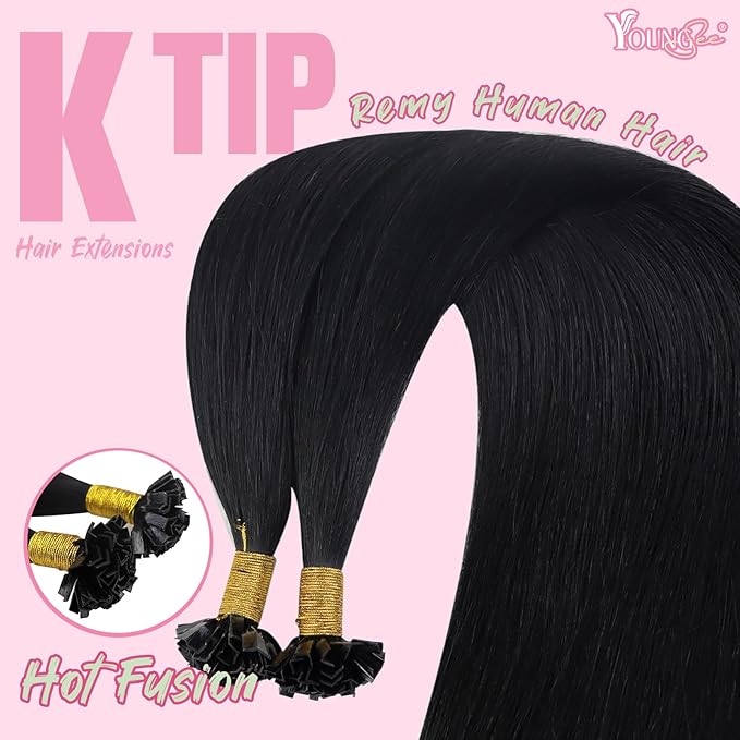 YoungSee K Tip Hair Extensions Black K Tips Human Hair Extensions for Wedding Jet Black 22In 50s/50g