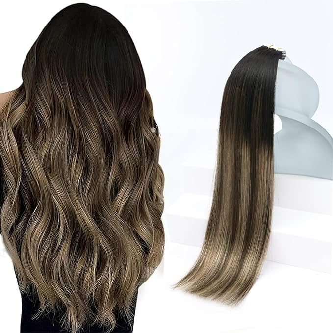 Sunny Hair Tape in Hair Extensions Real Human Hair Invisible Remy Hair Extensions Tape ins for Women Natural Black Ombre Dark Brown Balayage Ash Blonde 22 inch 20Pcs 50G